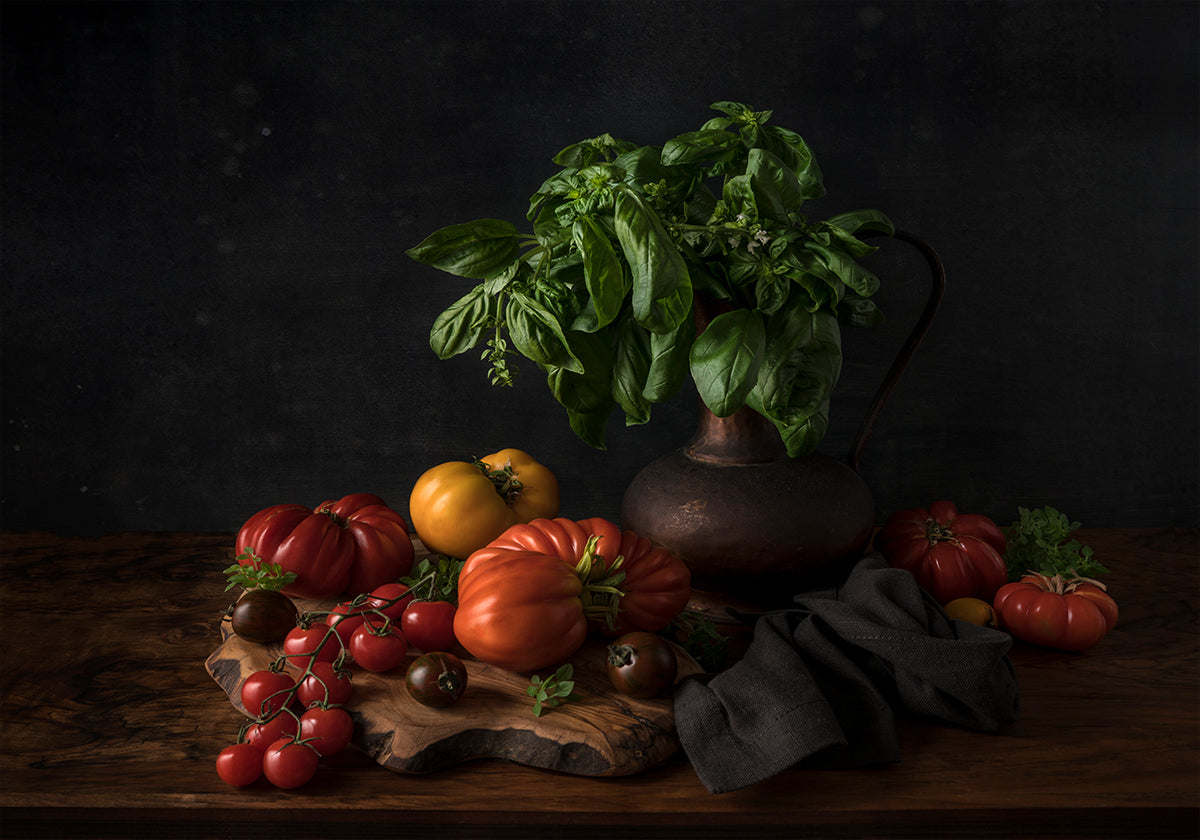 Poster Nature morte aux tomates et basilic