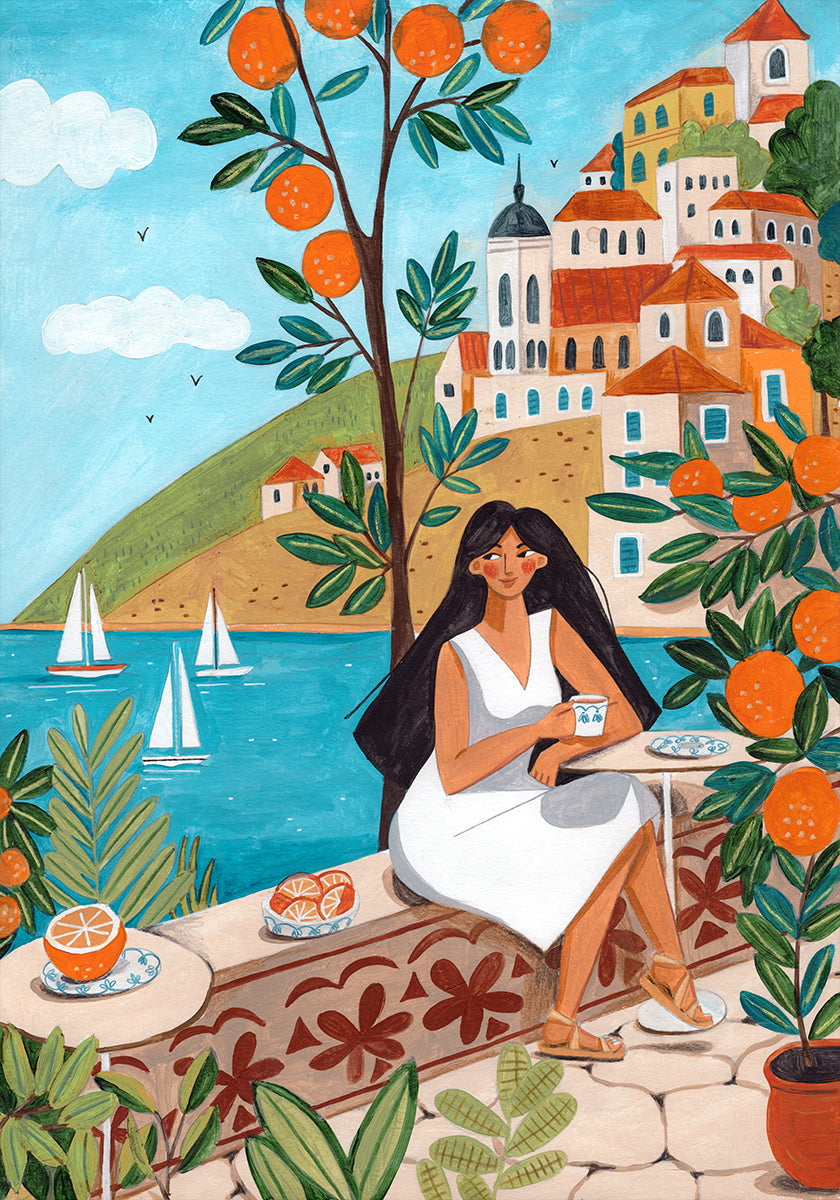 Affiche de voyage femme sur la côte méditerranéenne