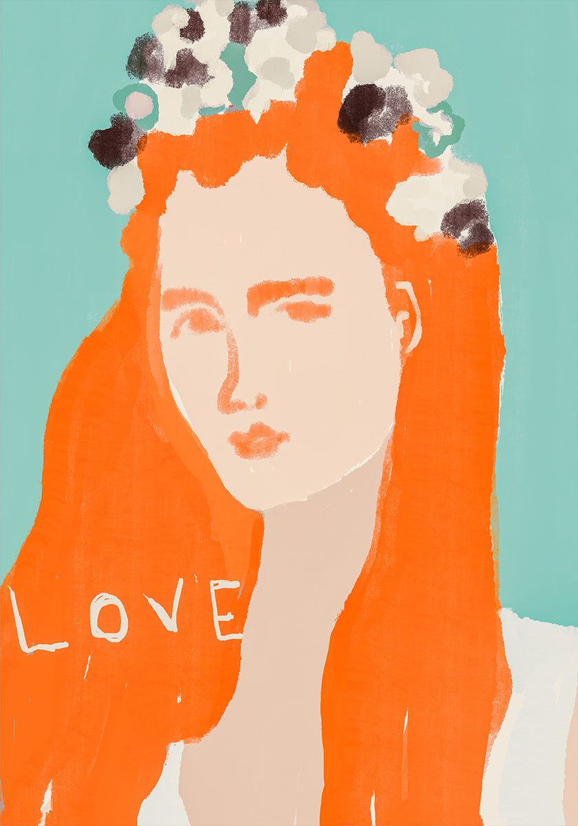 Femme aux cheveux orange ornée de fleurs Poster