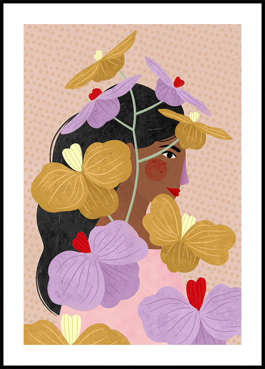 Caché derrière des fleurs jaunes et violettes Poster