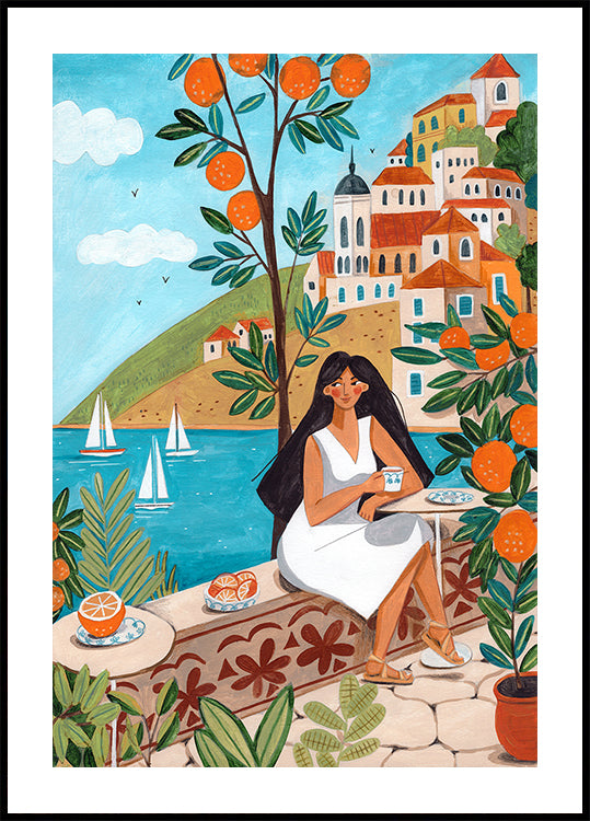Affiche de voyage femme sur la côte méditerranéenne