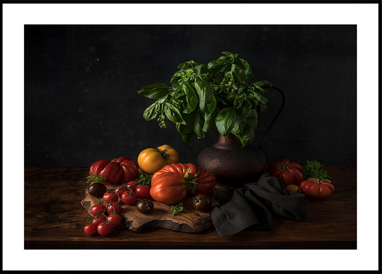Poster Nature morte aux tomates et basilic