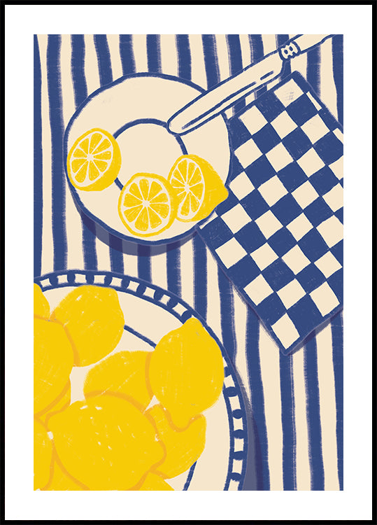 Douceur du citron, cuisine méditerranéenne ludique à rayures bleues Poster