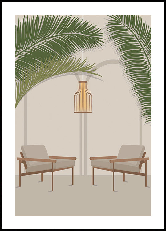 Free Your Mind 1, salon tropical moderne avec feuilles de palmier et chaises Poster