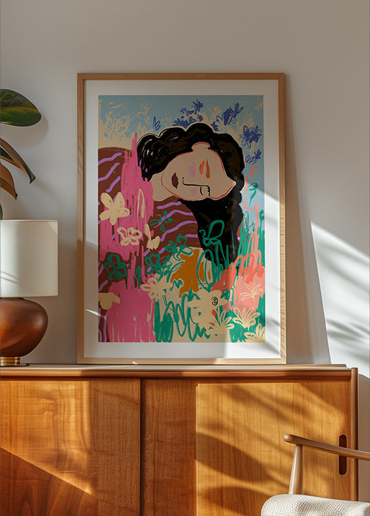 Figure expressive entourée de fleurs colorées Poster