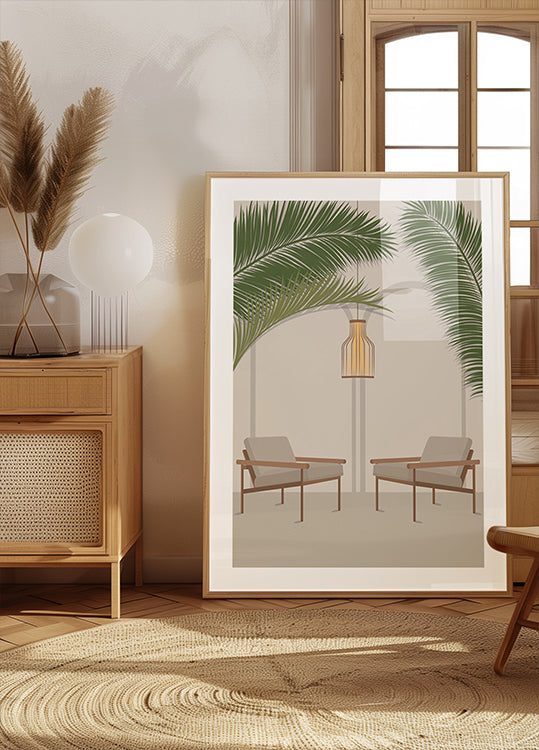Free Your Mind 1, salon tropical moderne avec feuilles de palmier et chaises Poster