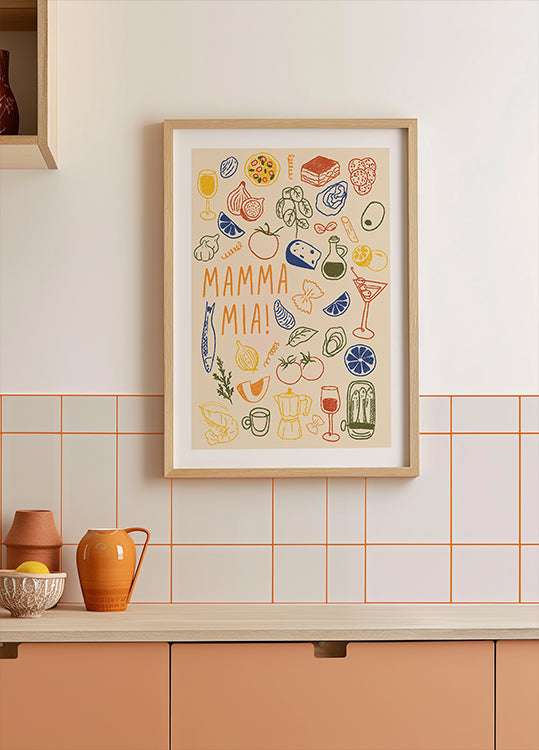 Mamma Mia !, Cuisine italienne ludique avec des illustrations culinaires colorées Poster