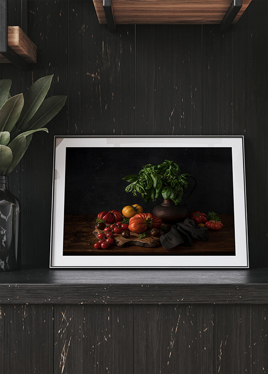 Poster Nature morte aux tomates et basilic