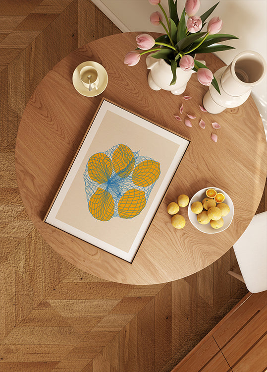 Cinq citrons dans un sac en filet Poster
