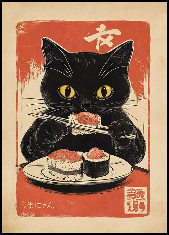 Retro Sushi Feast, Hungry Cat Artwork Plakat - Posterbox.dk