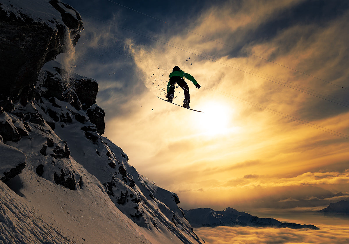 Coucher de soleil sur le snowboard Poster