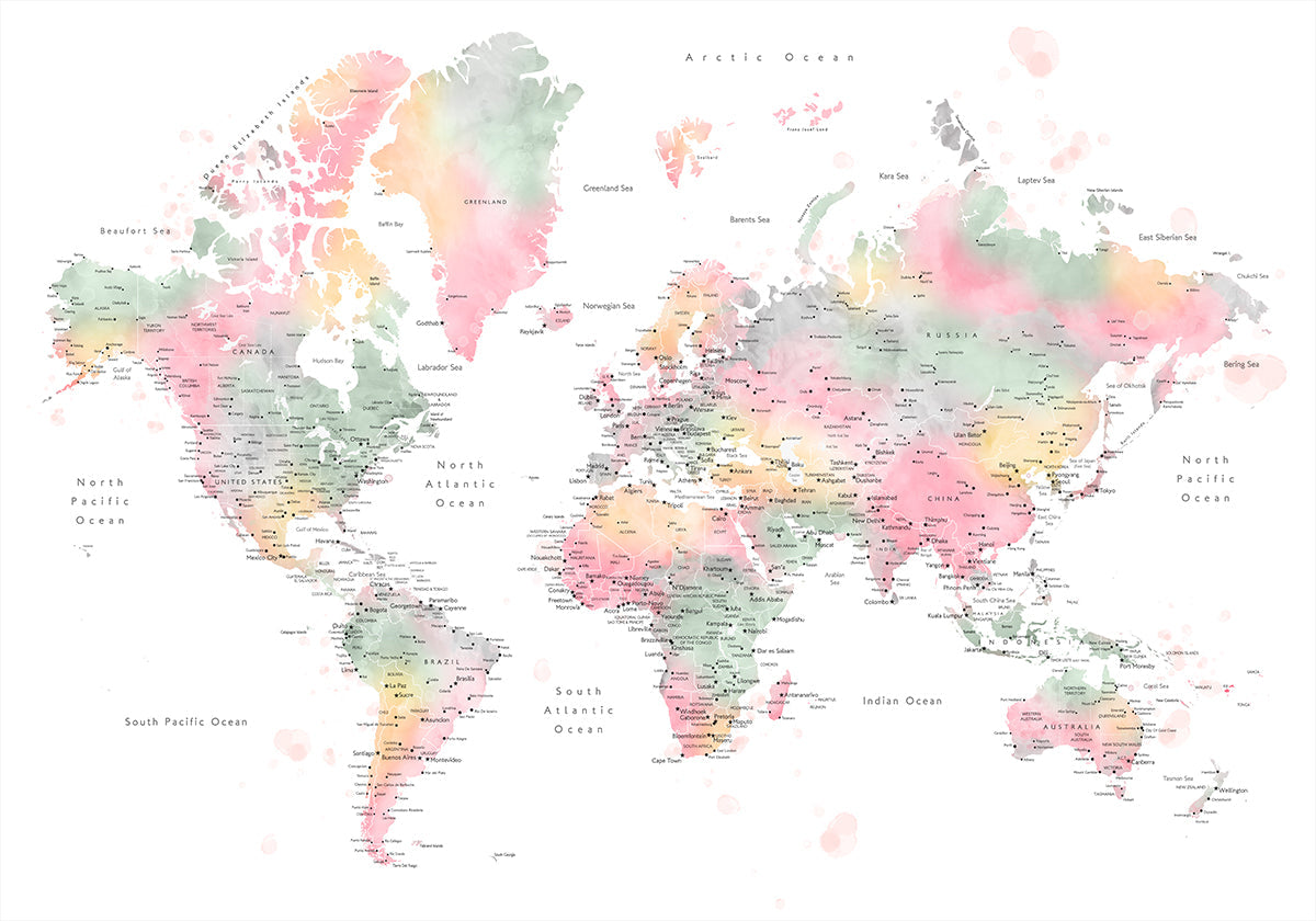 Carte du monde aquarelle pastel avec villes, Anjah