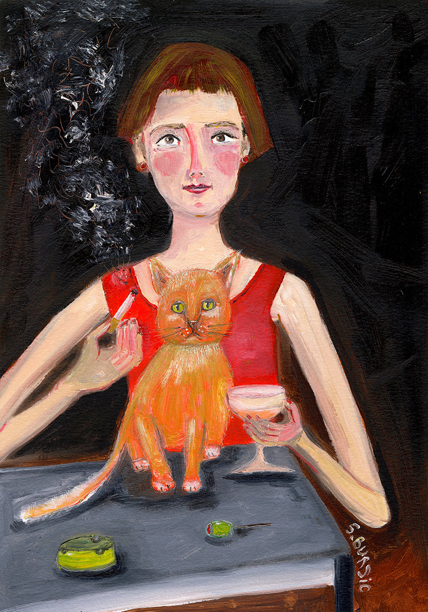 Poster Femme vintage avec cocktail et chat