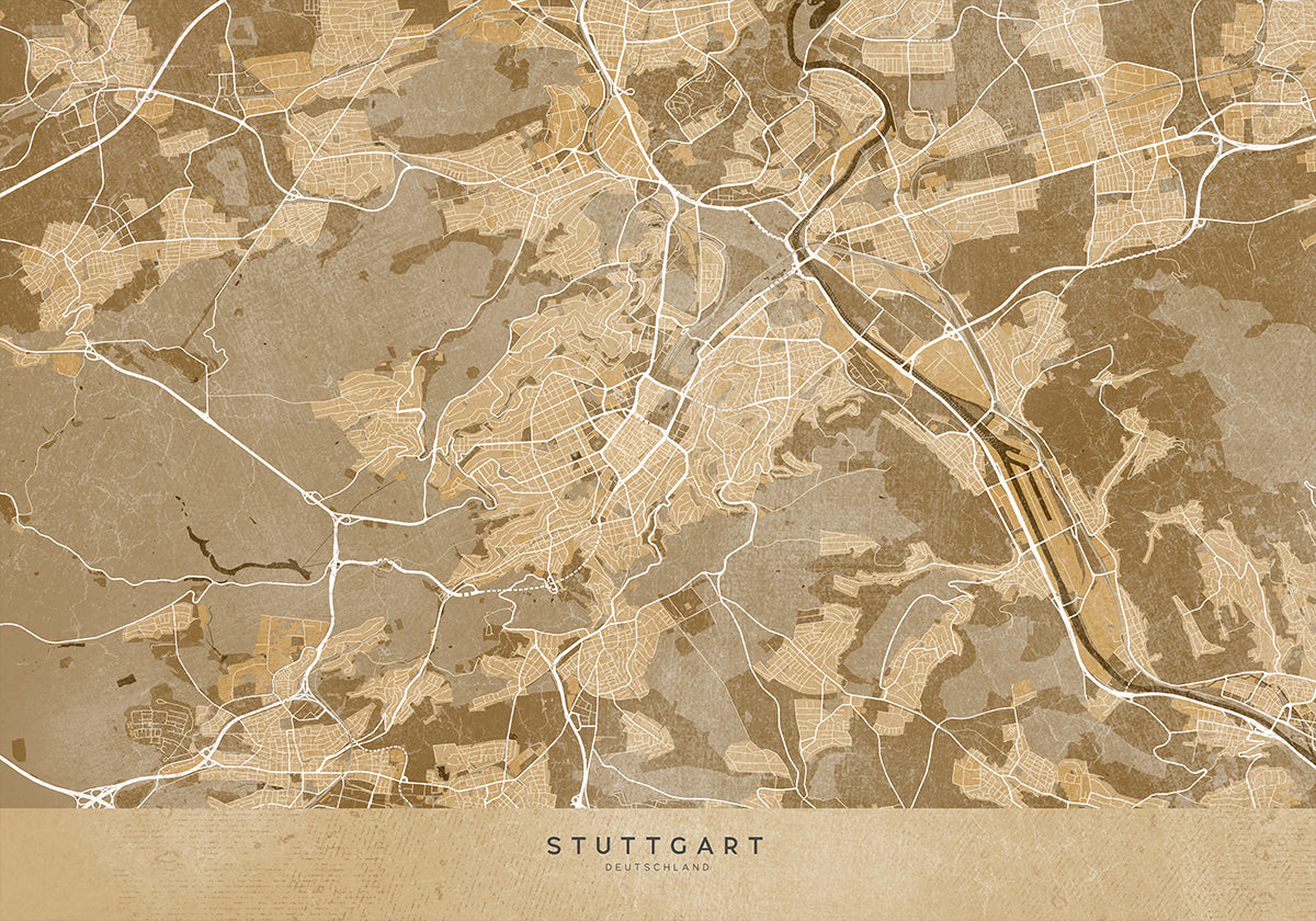 Carte vintage sépia du centre-ville de Stuttgart en Allemagne (NOUVEAU)