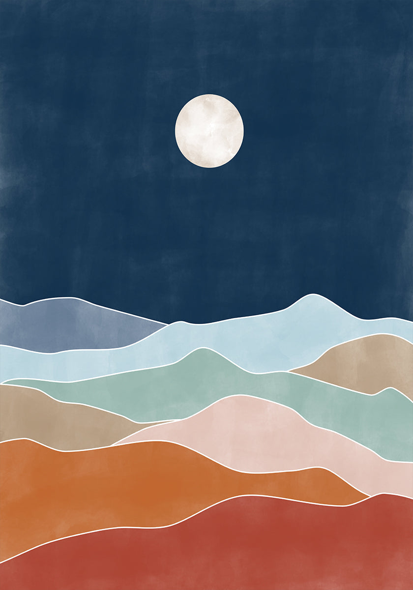Paysage de colline au clair de lune Poster