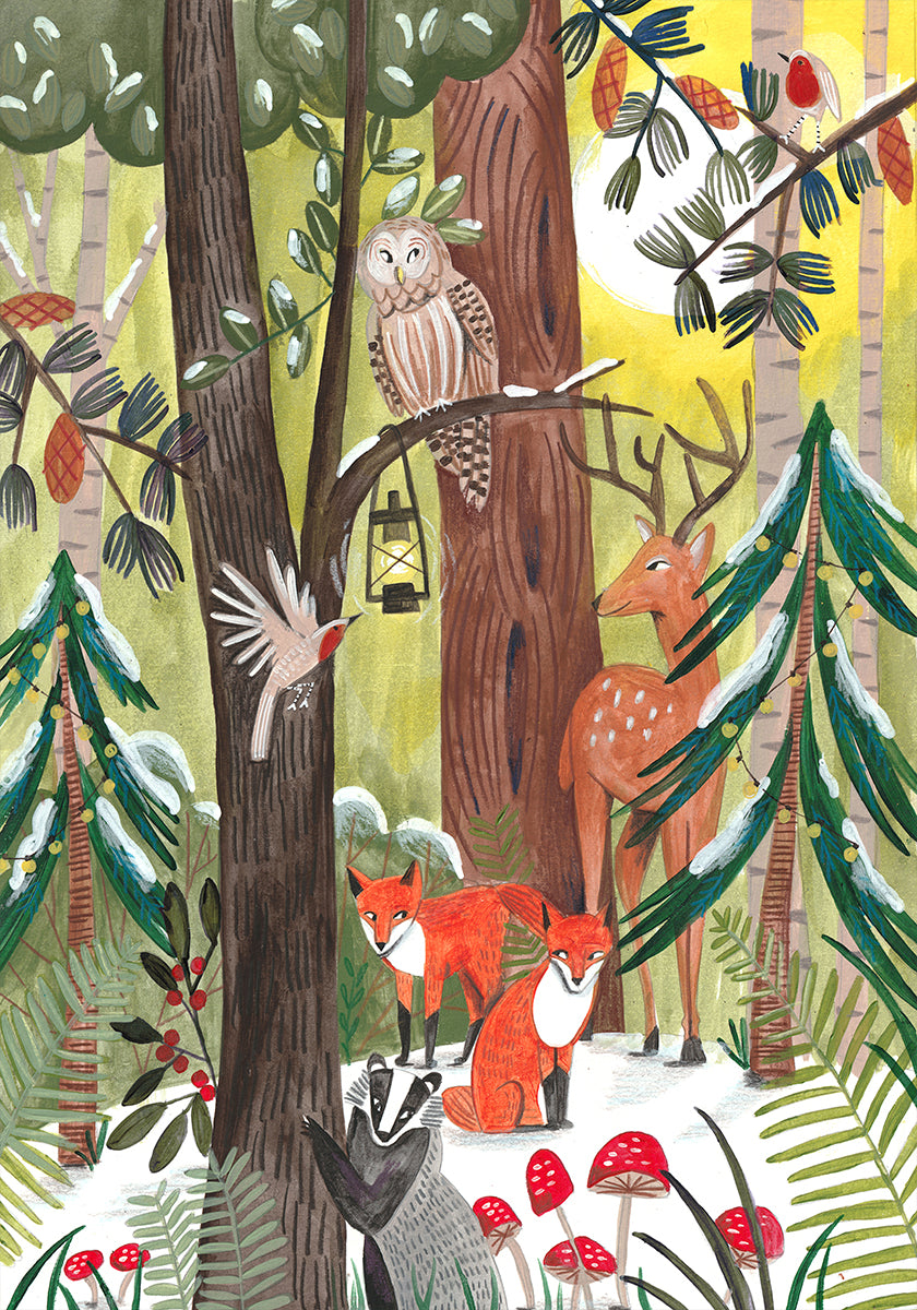 Forêt de Noël verte avec des animaux Poster