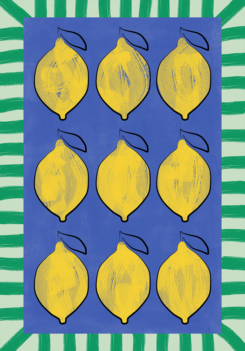 Citrons jaunes vibrants sur un bleu profond Poster