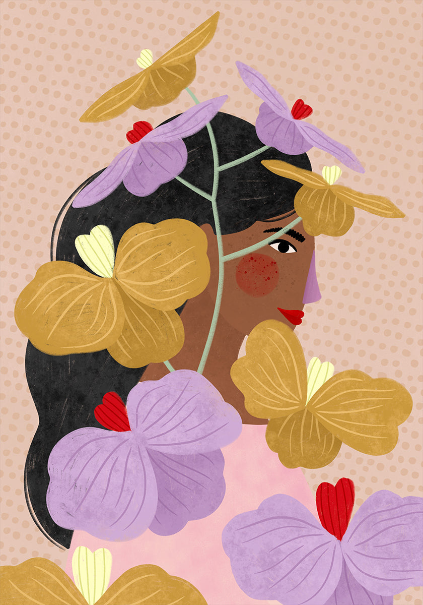 Caché derrière des fleurs jaunes et violettes Poster