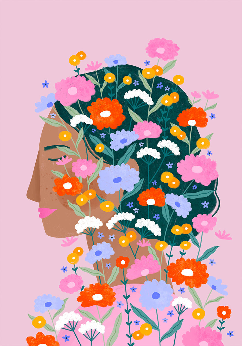 Dame aux fleurs colorées Poster