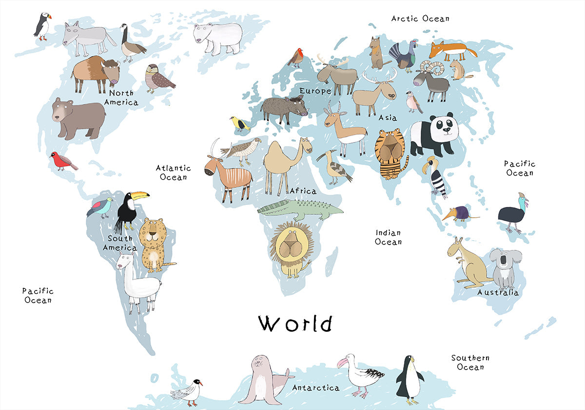 Carte illustrée du monde avec des animaux mignons Poster