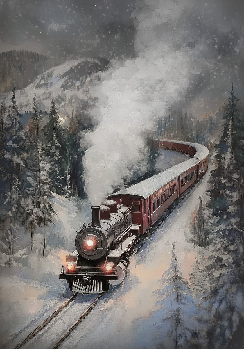 Train à vapeur de chutes de neige Poster