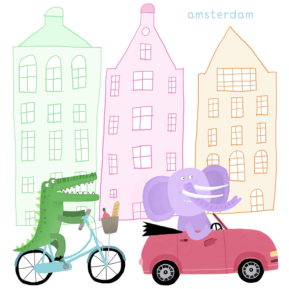 Un crocodile sur un vélo et un éléphant dans une voiture Poster