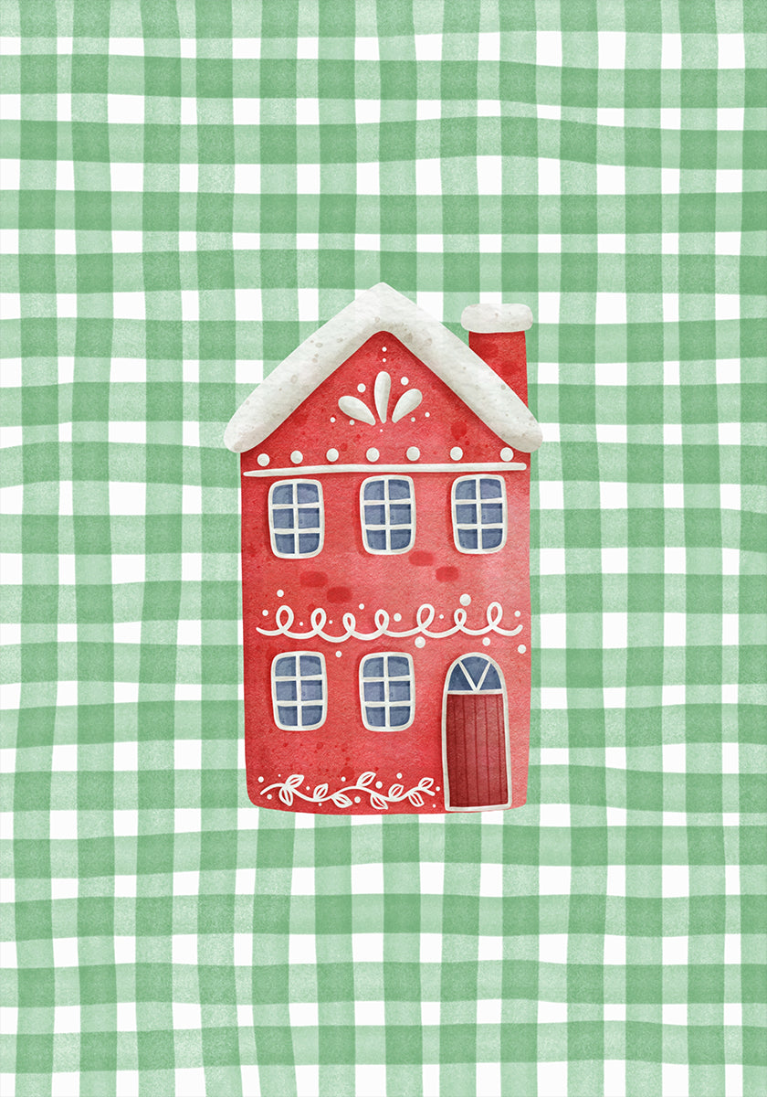 Jolie maison de Noël rouge sur des chèques verts Poster