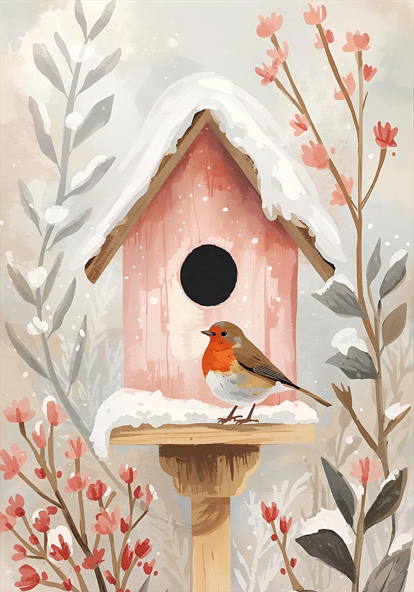 Vogelhaus mit Rotkehlchen et Pflanzen Poster