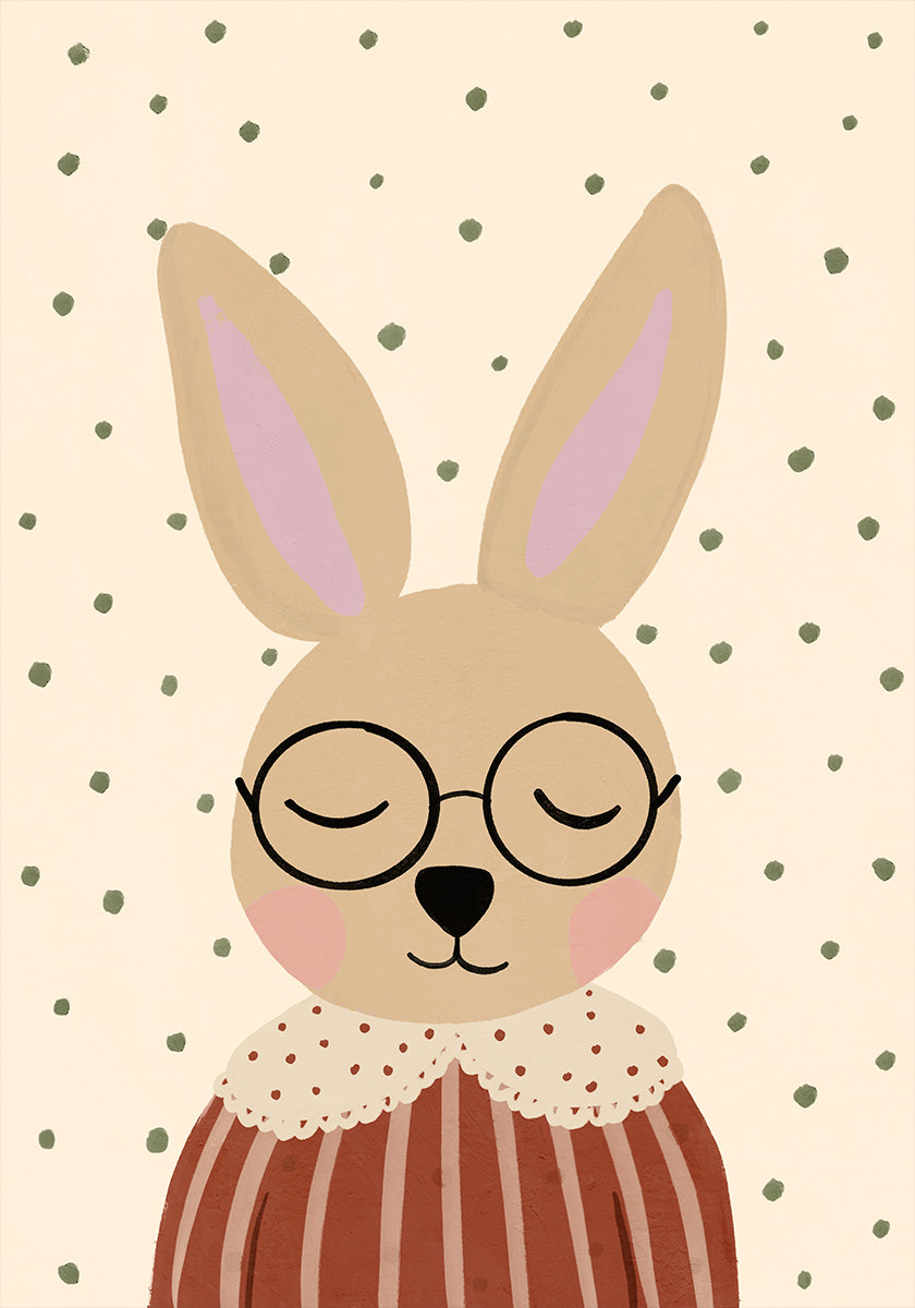 Un lapin de dessin animé portant des lunettes et une chemise rayée rouge et blanche, les yeux fermés et semblant être dans un état détendu ou endormi.