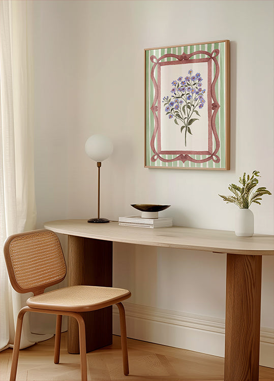 Asters in an Ornate Frame - Sage Green Stripes (NEW) - Posterbox