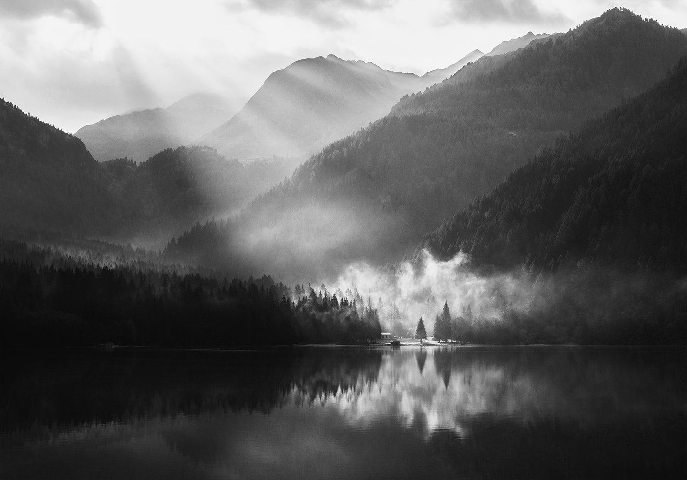 Affiche de la rive brumeuse d'un lac de montagne 