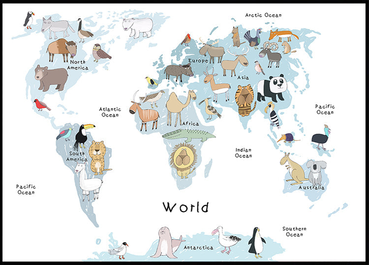 Carte illustrée du monde avec des animaux mignons Poster