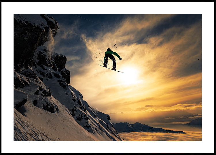 Coucher de soleil sur le snowboard Poster