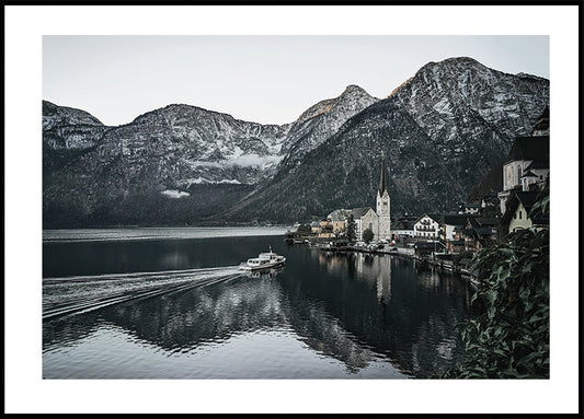 Affiche de réflexion sur le village de montagne serein