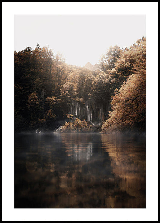 Affiche du lever du soleil dans la forêt brumeuse avec des reflets 