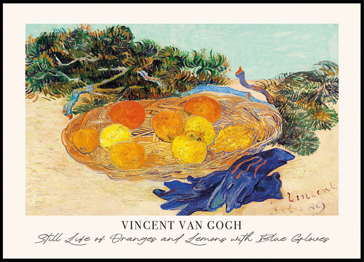 Affiche Nature morte d'oranges et de citrons avec des gants bleus