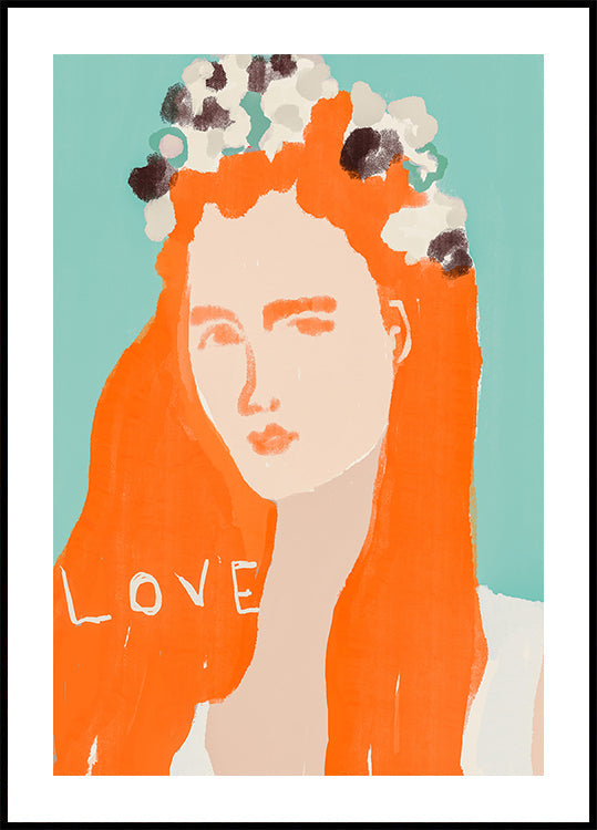 Femme aux cheveux orange ornée de fleurs Poster