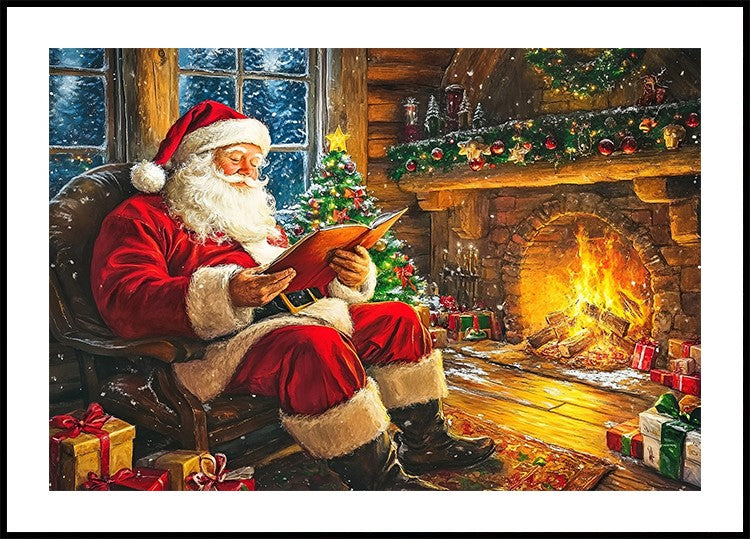 Affiche du Père Noël lisant au coin du feu