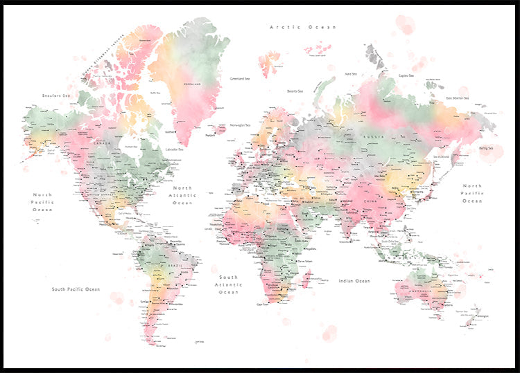 Carte du monde aquarelle pastel avec villes, Anjah
