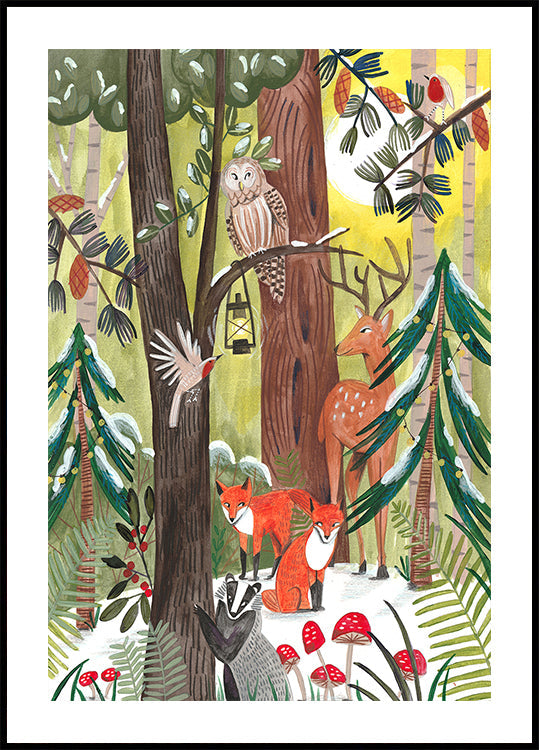 Forêt de Noël verte avec des animaux Poster