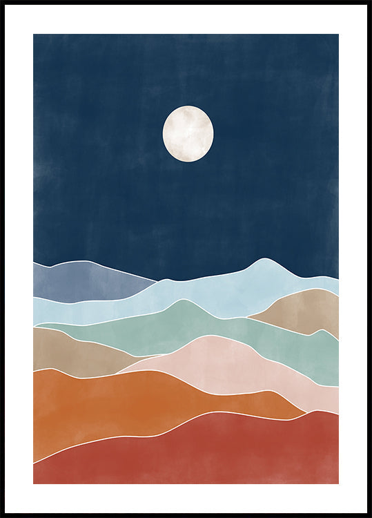 Paysage de colline au clair de lune Poster