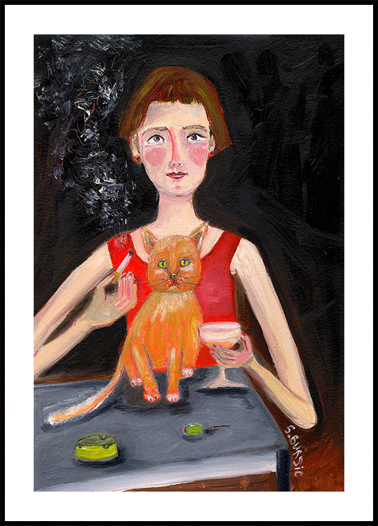 Poster Femme vintage avec cocktail et chat