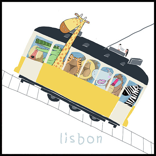 Célèbre tramway jaune de Lisbonne avec des animaux de la jungle par Carla Daly Poster