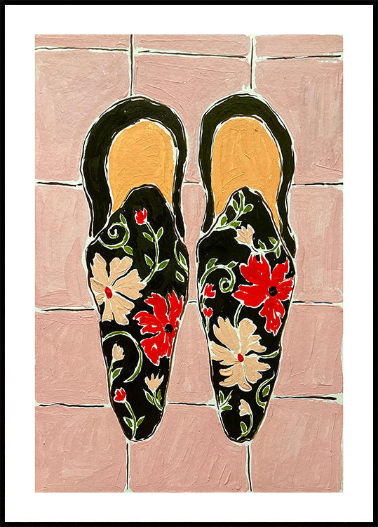Chaussures noires sur carreaux roses Poster