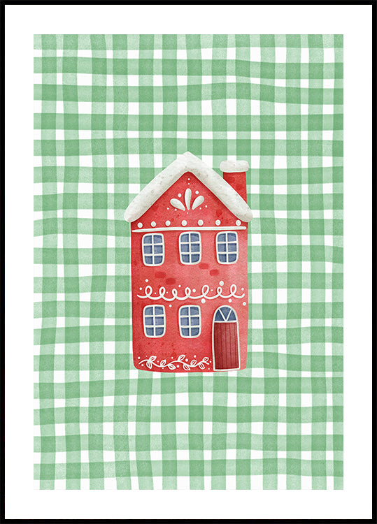 Jolie maison de Noël rouge sur des chèques verts Poster