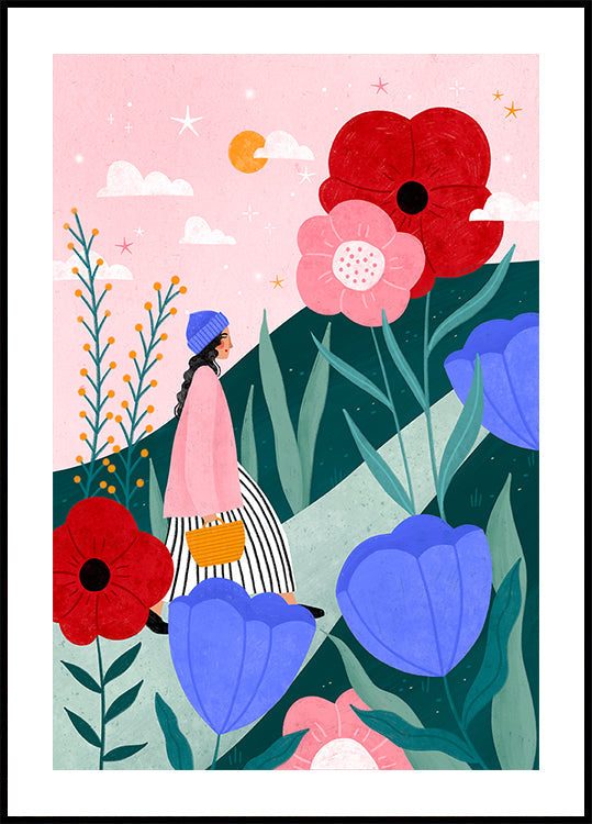 Femme marchant dans un jardin fleuri Poster
