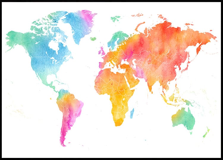 Affiche de la carte du monde colorée à l'aquarelle