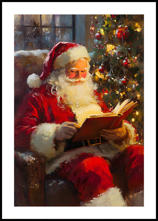 Affiche du Père Noël lisant un livre