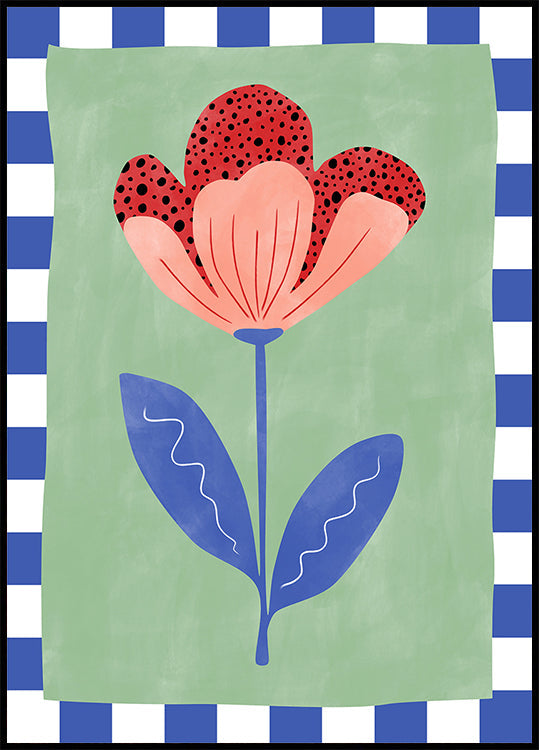 Fleur stylisée avec des pétales rouges et des points noirs Poster