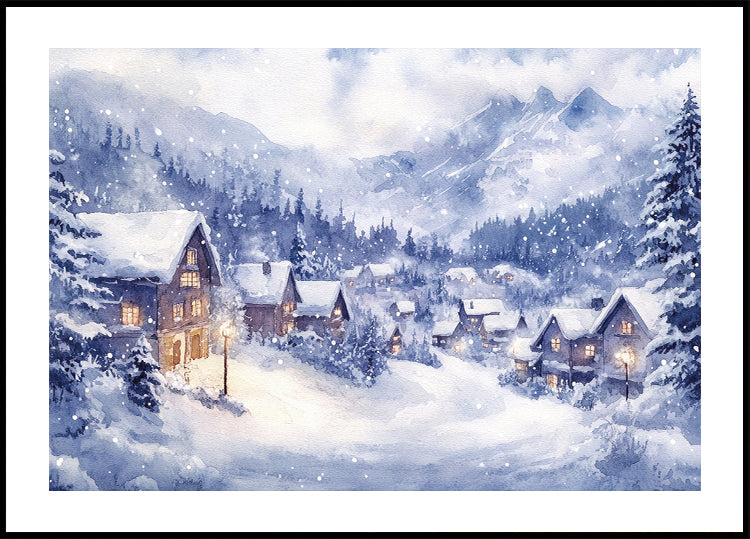 Affiche aquarelle du village de montagne d'hiver n°2